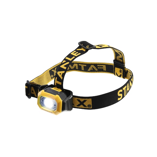STANLEY yellow and black LED headlamp with adjustable strap, shown with light on.
