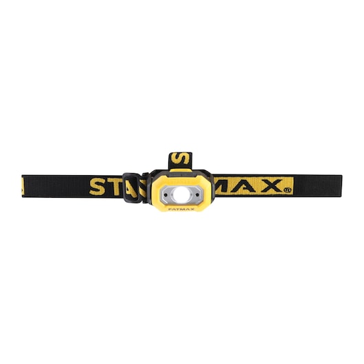 Yellow and black Stanley FatMax headlamp with adjustable strap, designed for hands-free illumination.