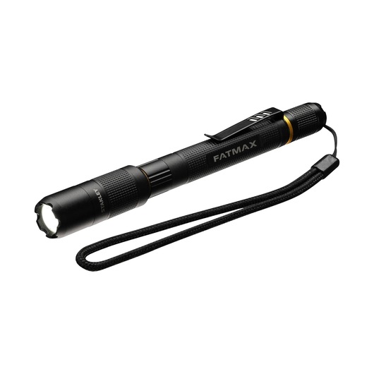 STANLEY FMHT81510-0 black FATMAX flashlight with wrist strap, side clip, and LED light, angled on white background.
