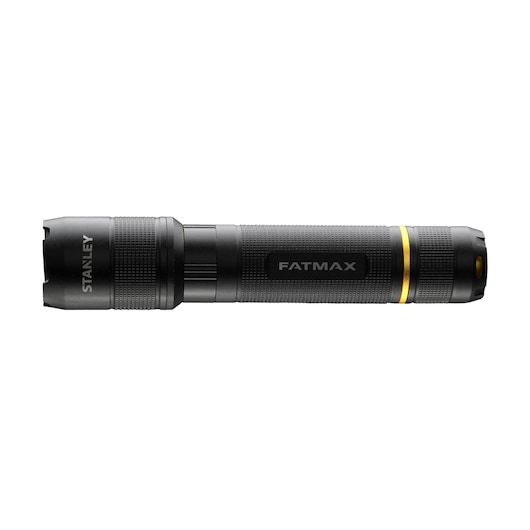 STANLEY FMHT81511-0 black flashlight with yellow ring, side angle on white background.