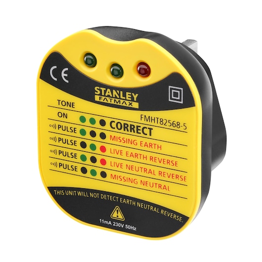 Photo of STANLEY FMHT82568-5 socket tester, yellow and black, front angle showing indicator lights and label.