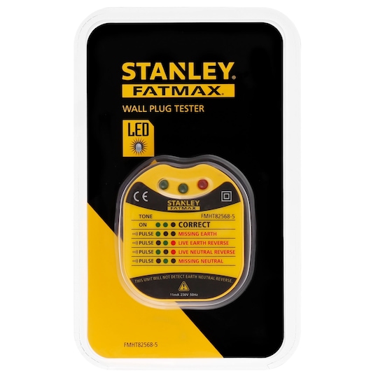 Photo of STANLEY FMHT82568-5 FATMAX wall plug tester in packaging, showing LED indicator features, front angle.