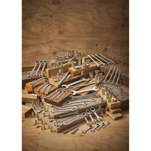 STANLEY FMMT13036-0 photography of assorted metal wrenches and sockets displayed on wooden blocks.