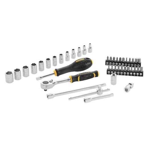 Stanley socket and ratchet tool set with assorted bits, handles, and extensions, arranged on a white background.