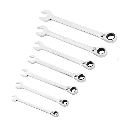 STANLEY FMMT82848-0 set of seven combination ratcheting wrenches, silver finish, photography on white background.