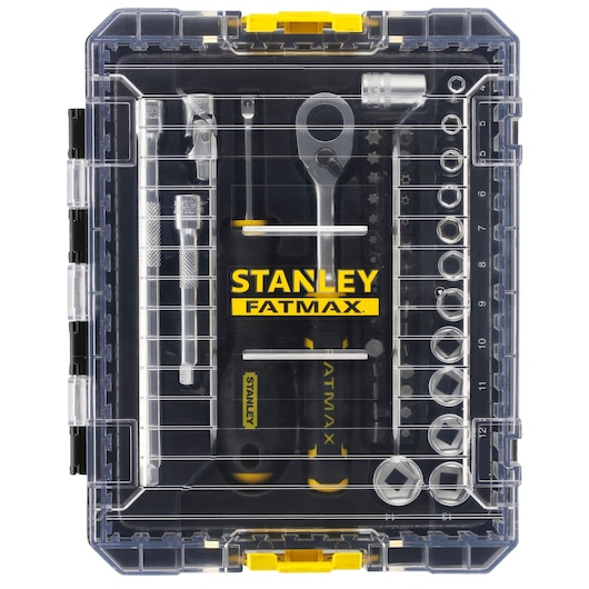 STANLEY FMMT98101-0 socket and ratchet set in transparent plastic case, top view, yellow and black accents.