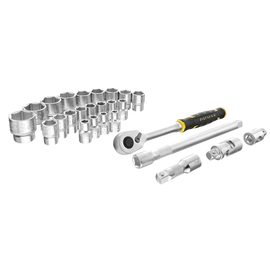 Stanley socket wrench set with multiple sockets and accessories, including ratchet and extension bars.