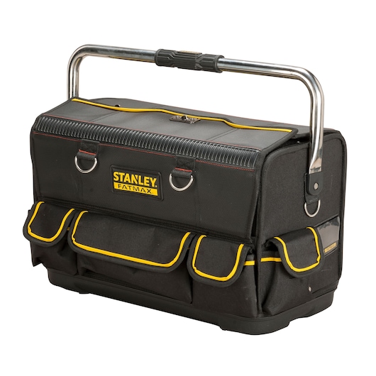 STANLEY FMST1-70719 tool bag, black with yellow trim, front angle, metal handle, multiple pockets.
