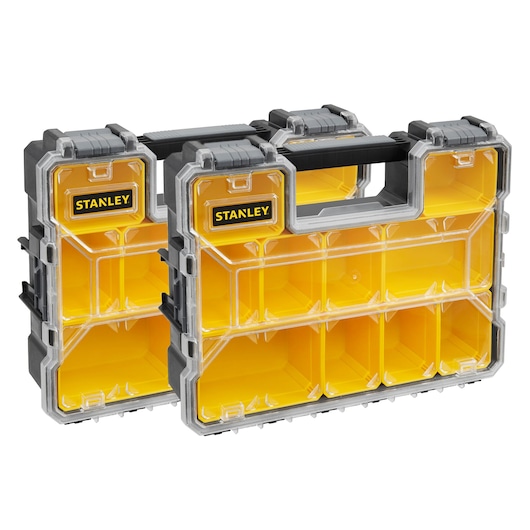 STANLEY FMST1-70740 yellow and clear plastic organizer cases with handle, front angle, photography