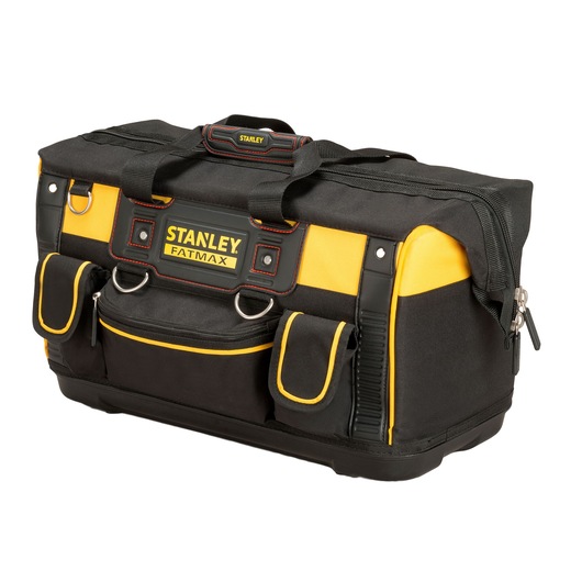 Stanley FATMAX black and yellow tool bag with handles, multiple pockets and zip closure.