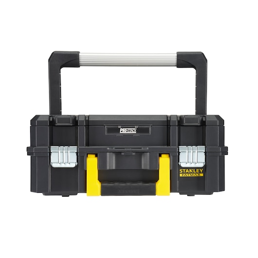 STANLEY FMST1-71967 tool box with large handle, black plastic body, yellow latch, front photography.