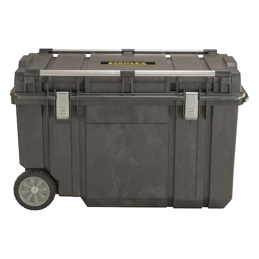 Black Stanley wheeled toolbox with metal latches and a sturdy lid, suitable for equipment storage and transport.