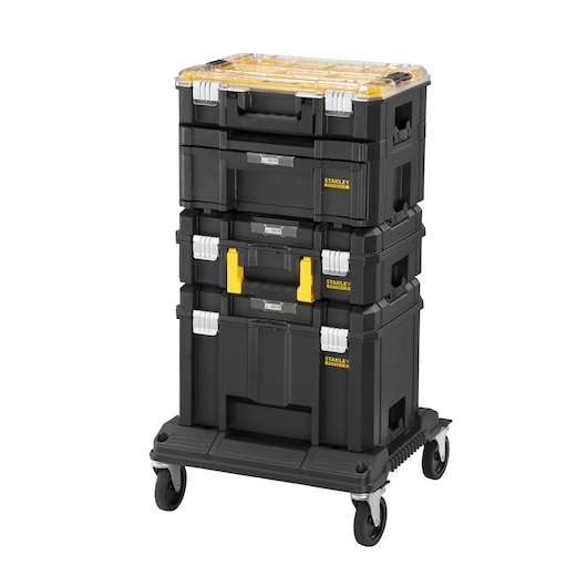 STANLEY FMST1-80107 black modular rolling toolbox stack, photo from front on white background.