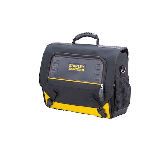 Stanley Fatmax black and yellow tool bag with handle, front pocket, and side mesh pocket.