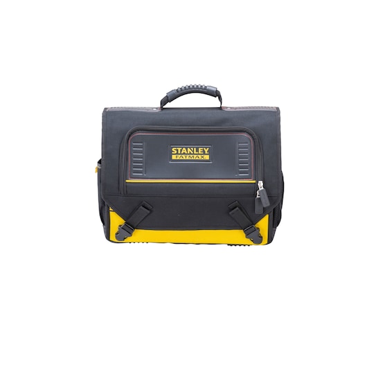 Front angle photo of STANLEY FMST1-80149 tool bag, black and yellow with top handle, FATMAX branding.