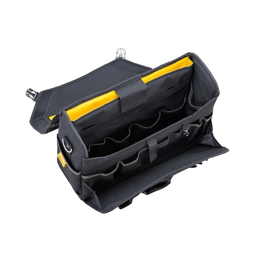 Open black and yellow Stanley photography bag with multiple compartments and pockets.