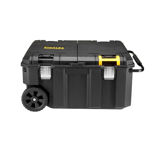 STANLEY FMST17870-1 rolling black tool box with yellow and silver latches, side handles, and large wheels, front angle.