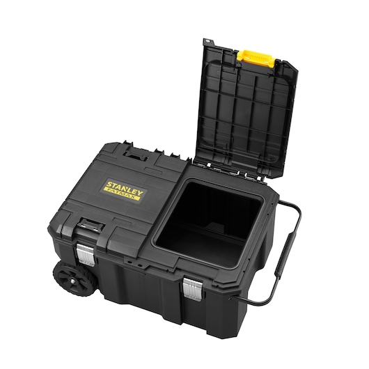 STANLEY FMST17870-1 rolling toolbox with open lid, black plastic, yellow handle, angled view.