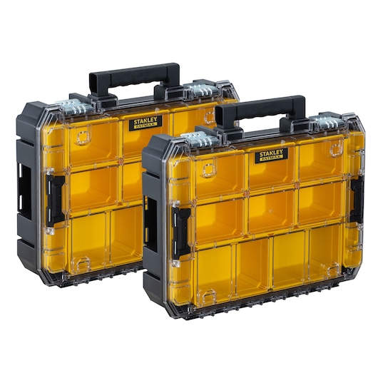 STANLEY FMST82967-9 photography of two yellow and black FatMax organizer cases, angled view on white background.