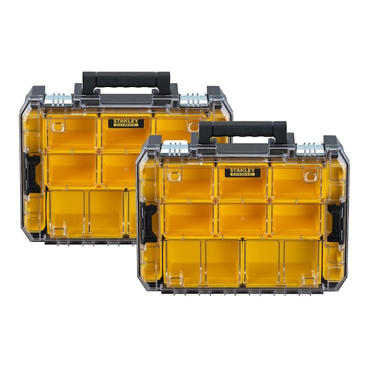 STANLEY FMST82967-9 organizer set, yellow compartments, black handles, front angle, white background.