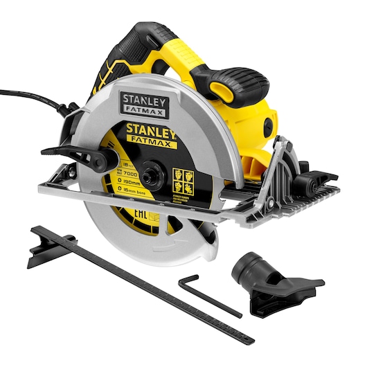 STANLEY FATMAX KFFMES301 circular saw with yellow and black body, side angle on white background, shown with accessories.