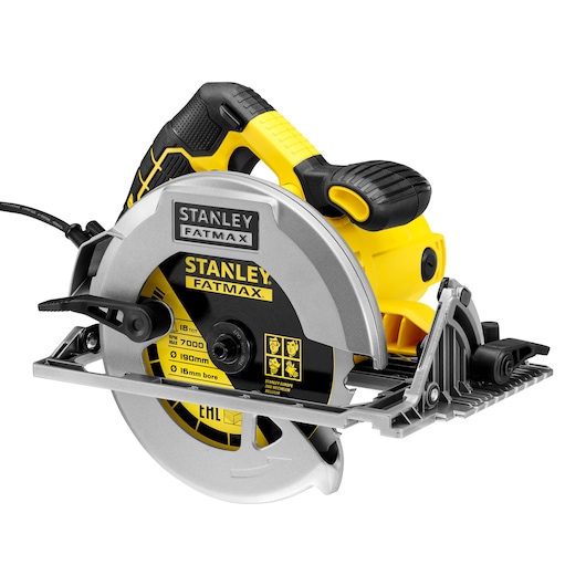 STANLEY KFFMES301 circular saw, side angle, yellow and black body, large silver blade guard, corded.