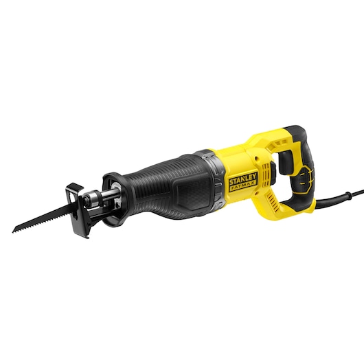 Stanley KFFMES360 reciprocating saw, yellow and black, side view on white background.