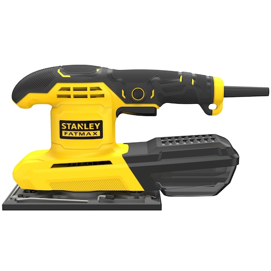STANLEY FATMAX electric sander in yellow and black with ergonomic handle and dust collection box.