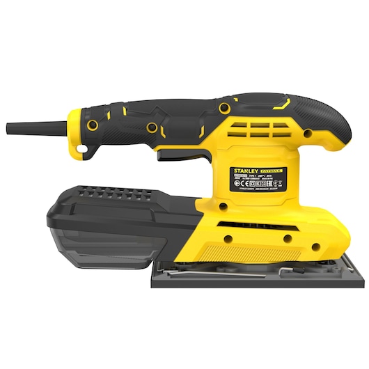 Photo of STANLEY KFFMEW210K yellow and black electric sander, side view on white background.