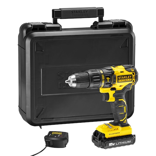 STANLEY KFMCD628D1K cordless drill with black case and charger, 18V lithium, side angle, photo on white background.