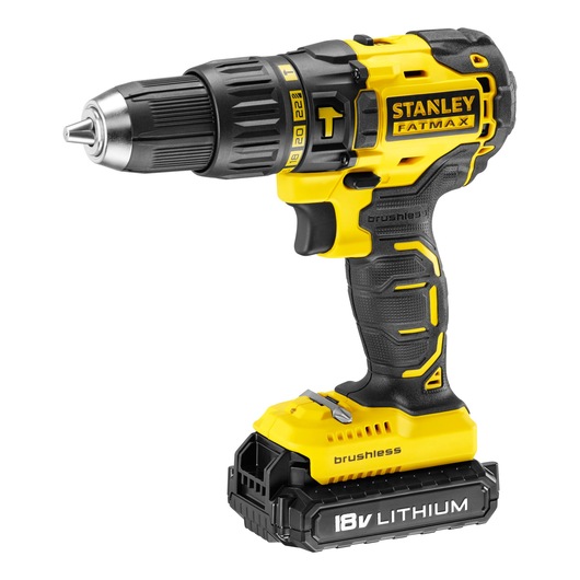 STANLEY KFMCD628D2K cordless drill, yellow and black, 18V lithium, brushless, side view on white background.