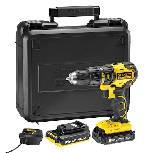 STANLEY KFMCD628D2K yellow and black cordless drill kit with two 18V lithium batteries, charger, and hard case, front angle.