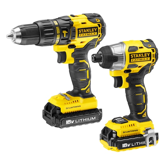 STANLEY KFMCK078D2S cordless drill and impact driver set, 18V lithium battery, black and yellow, front angle.