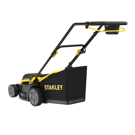 STANLEY SCMWP3401M1-XE lawn mower, black and yellow, rear angle, large grass collector, white background.
