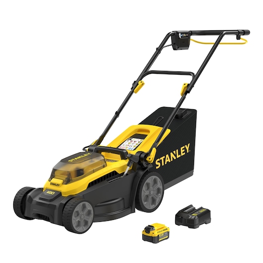 Photo of STANLEY SCMWP3401M1-XE lawn mower with battery and charger, yellow and black, side angle, white background.