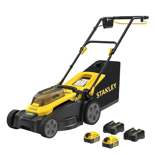 STANLEY SCMWP3701M2 cordless lawn mower with black and yellow design, shown with two batteries and two chargers, angled view.