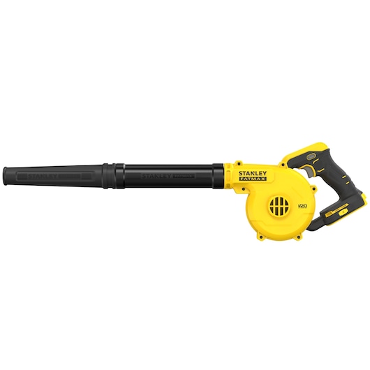 Photo of STANLEY SFMCBL01B cordless yellow and black blower, side view on white background.
