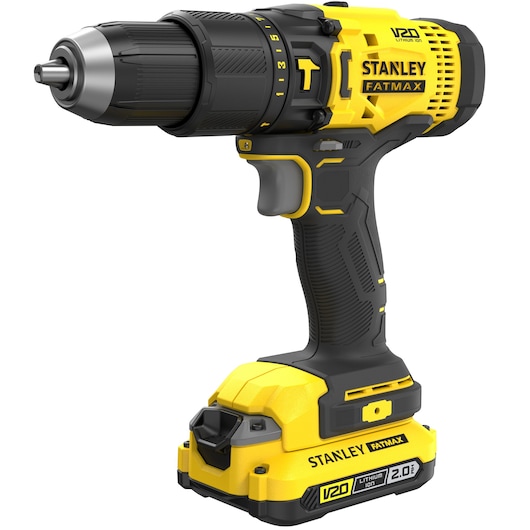 STANLEY SFMCD711D11 cordless drill with yellow and black body, side angle on white background.