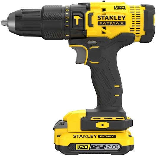 STANLEY SFMCD711D21 cordless drill driver, yellow and black, side angle, V20 FATMAX series, with 2.0Ah lithium-ion battery.