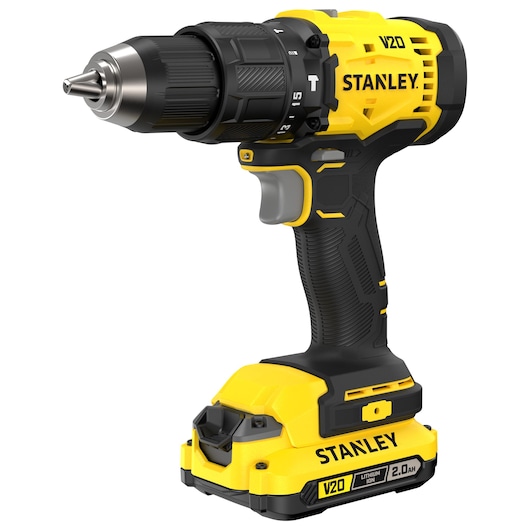 Stanley V20 cordless drill with black and yellow design, lithium-ion battery and ergonomic grip.