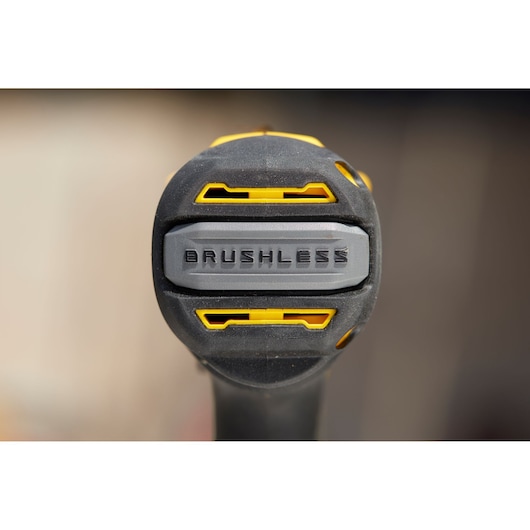 Close-up photo of STANLEY SFMCD715D1K brushless drill black and yellow front view.
