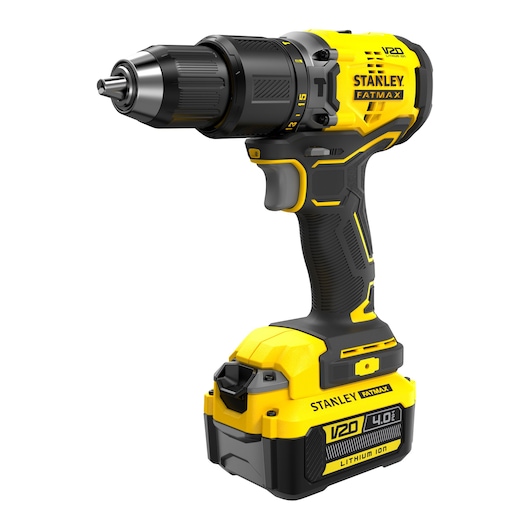 STANLEY SFMCD715M2K cordless drill, black and yellow, angled view on white background.