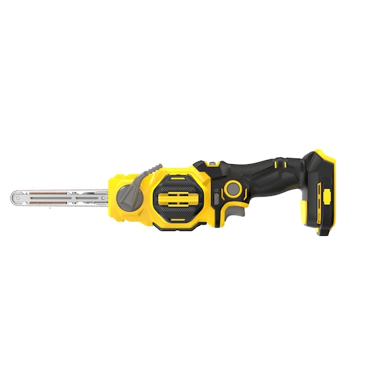 STANLEY SFMCE210B cordless belt file, yellow and black, side angle, white background.