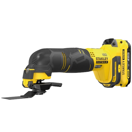 STANLEY SFMCE500D1K cordless oscillating multi-tool, yellow and black, side angle, photography.