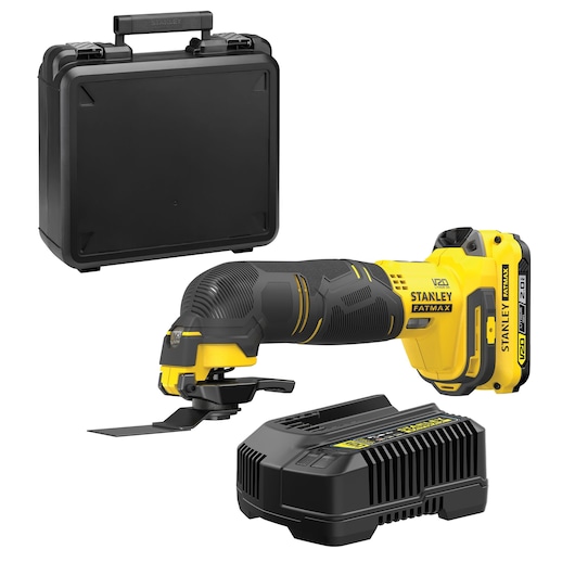 STANLEY SFMCE500D1K cordless multi-tool kit with accessories, charger, and black carrying case, front angle.