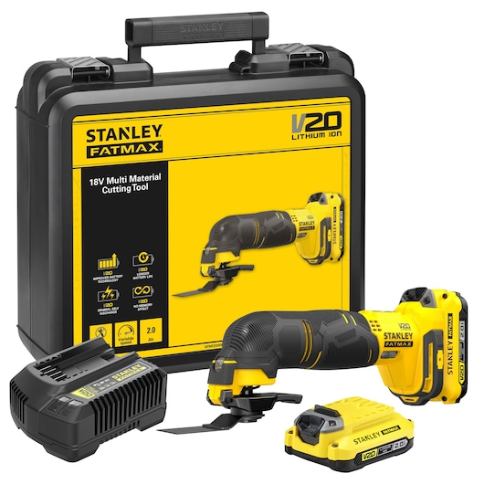 STANLEY SFMCE500D2K V20 18V multi material cutting tool kit with case, battery and charger, front angle.