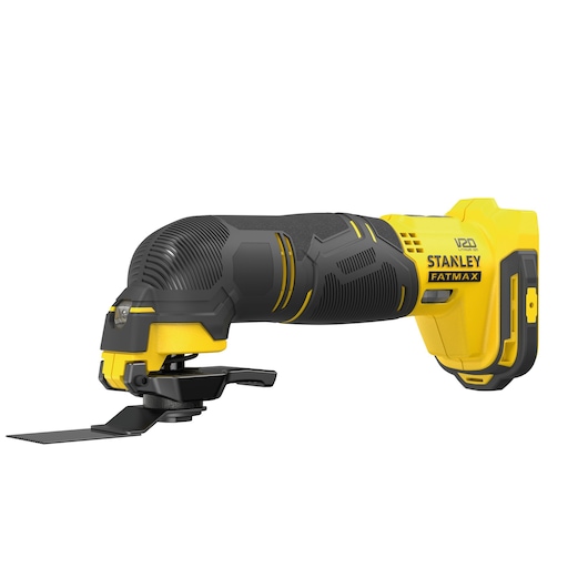 Photo of STANLEY SFMCE500M1K multi-tool, yellow and black, side angle, cordless power tool.