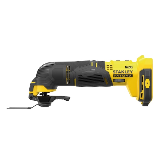 Photo of STANLEY SFMCE500M1K oscillating multi-tool, yellow and black, side angle on white background.