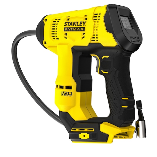 STANLEY SFMCE521B cordless tire inflator, yellow and black, angled view on white background.