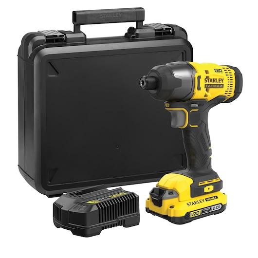 Stanley cordless impact driver kit with battery, charger and carrying case, shown against a white background.